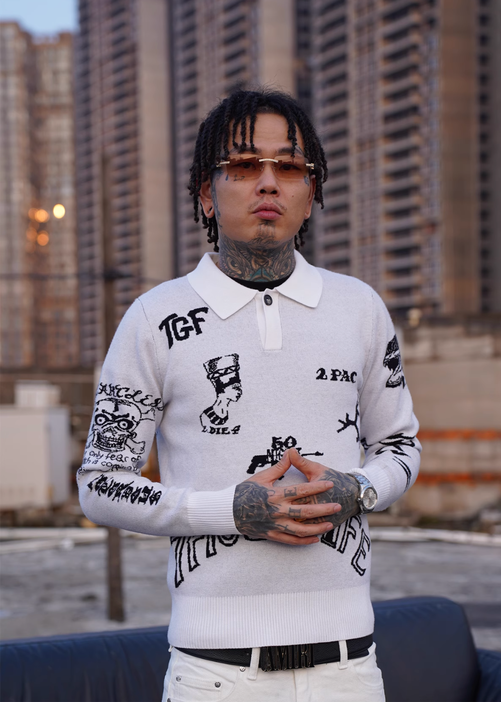 TGFCLUB 2PAC Tattoo Slim Fit Polo Knit Sweater | Face 3 Face