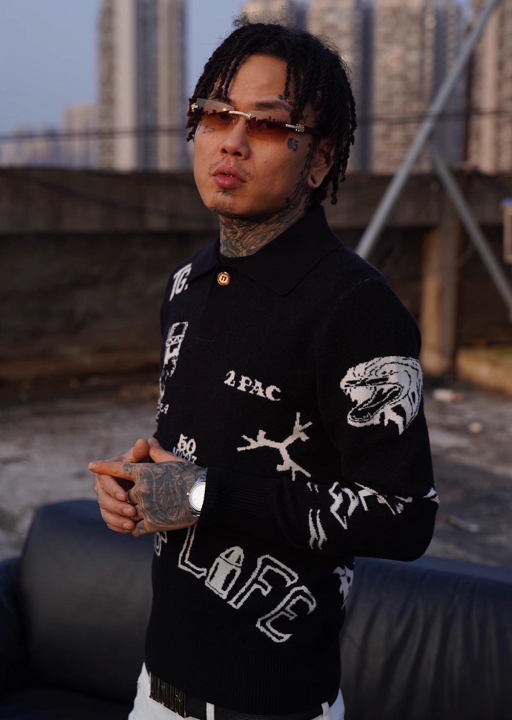 TGFCLUB 2PAC Tattoo Slim Fit Polo Knit Sweater | Face 3 Face