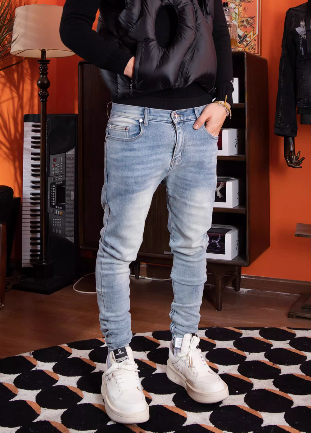 TGFCLUB Leather Patch Washed Slim Fit Jeans | Face 3 Face