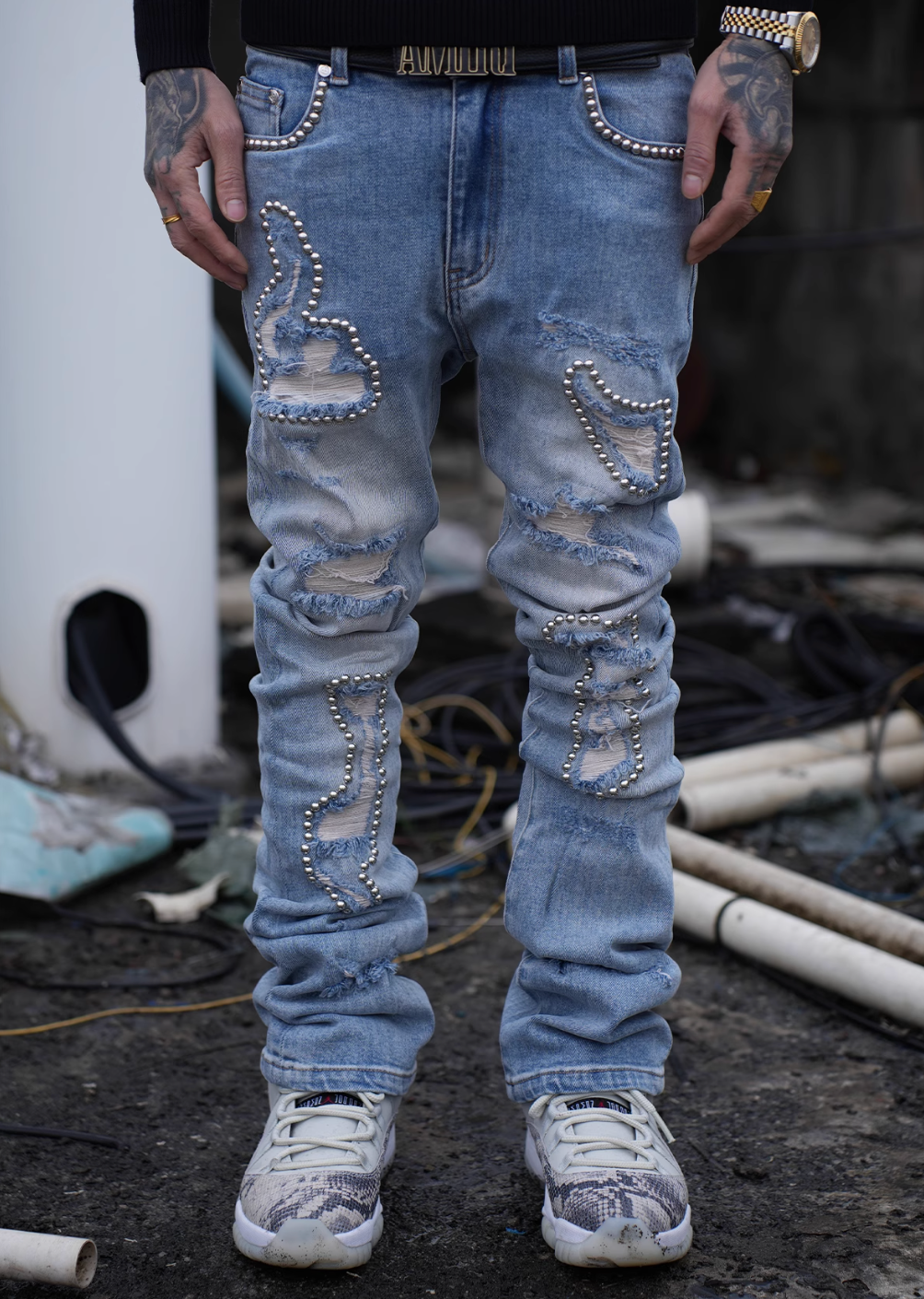 TGFCLUB Stud Beads Hole Washed Slim Fit Jeans | Face 3 Face