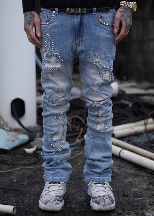 TGFCLUB Stud Beads Hole Washed Slim Fit Jeans | Face 3 Face