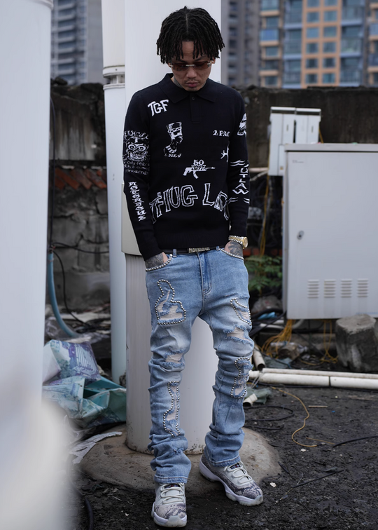 TGFCLUB Stud Beads Hole Washed Slim Fit Jeans | Face 3 Face