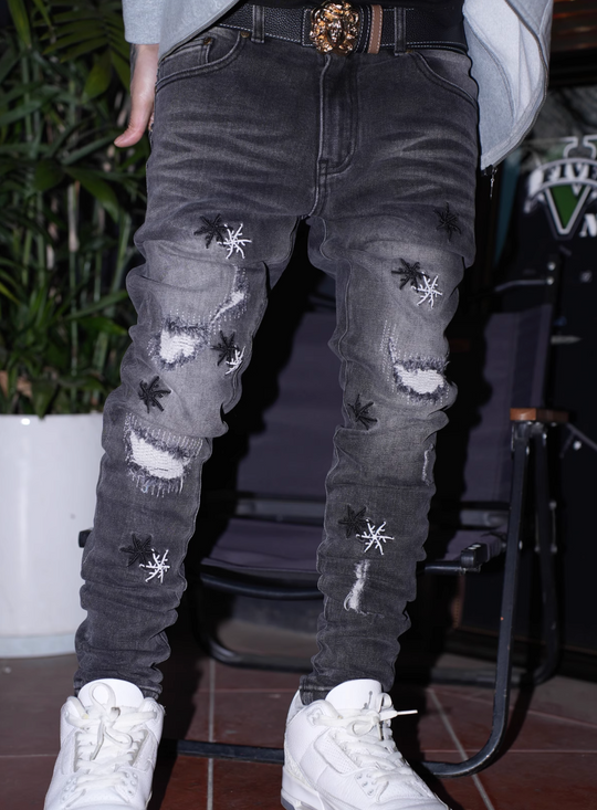 TGFCLUB x SNOWMAKER Snowflake Embroidered Distressed Slim Fit Jeans | Face 3 Face