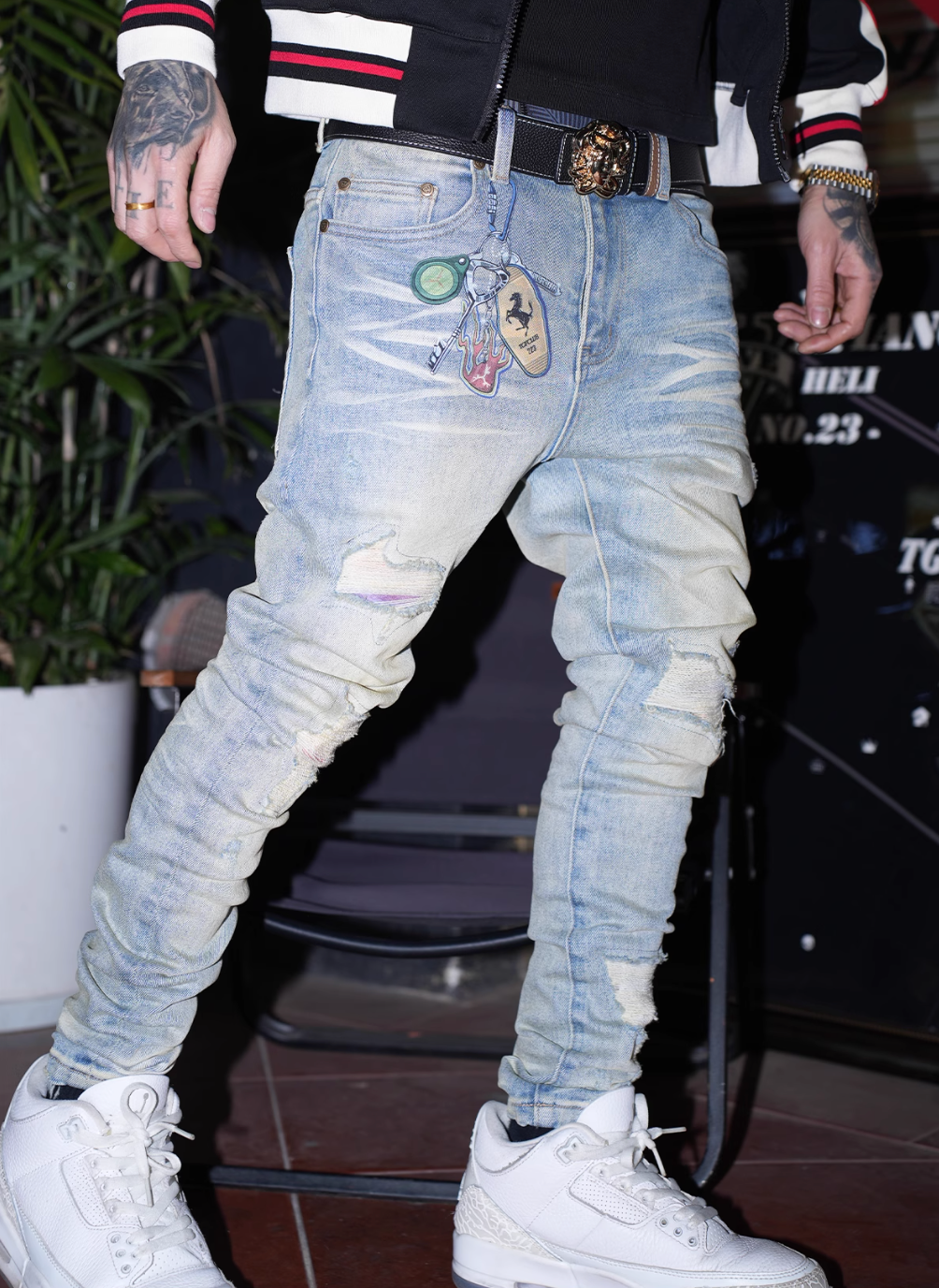 TGFCLUB Keychain Print Washed Slim Fit Jeans | Face 3 Face