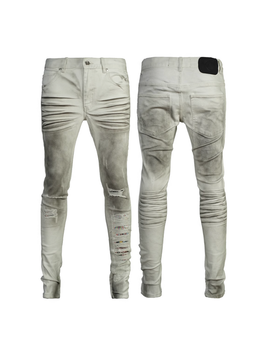 TGFCLUB Sprayed Whisker Washed Hem Zipper Slim Fit Jeans | Face 3 Face