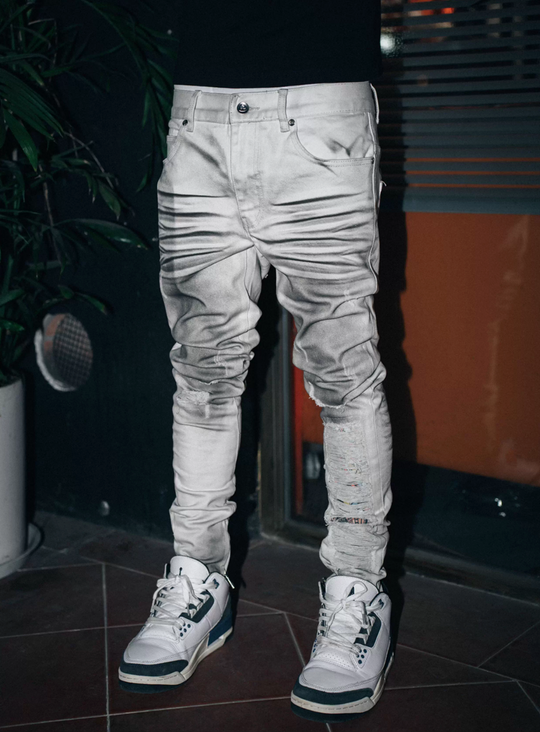 TGFCLUB Sprayed Whisker Washed Hem Zipper Slim Fit Jeans | Face 3 Face