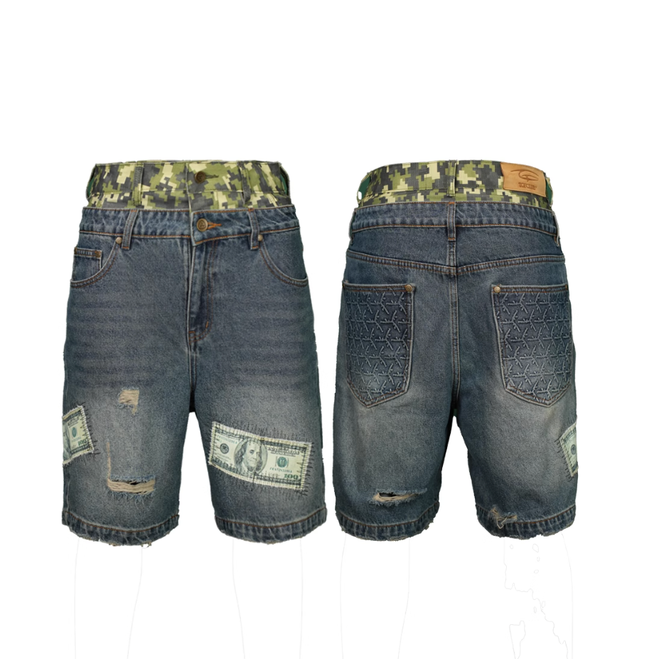 TGFCLUB Camouflage Double Waistband Dollar Patch Denim Shorts | Face 3 Face