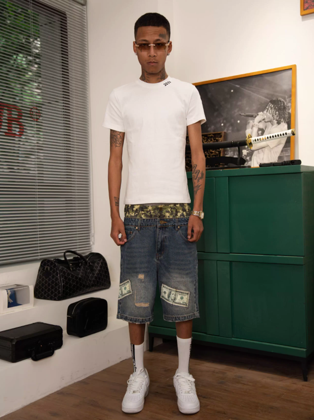 TGFCLUB Camouflage Double Waistband Dollar Patch Denim Shorts | Face 3 Face