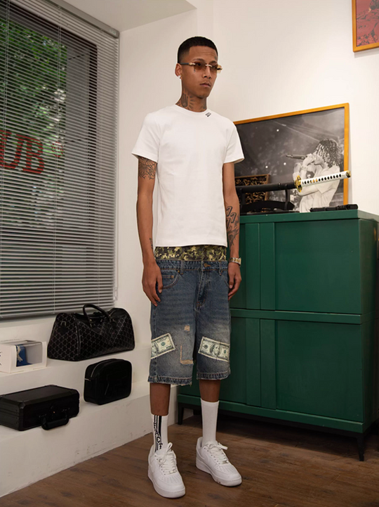 TGFCLUB Camouflage Double Waistband Dollar Patch Denim Shorts | Face 3 Face