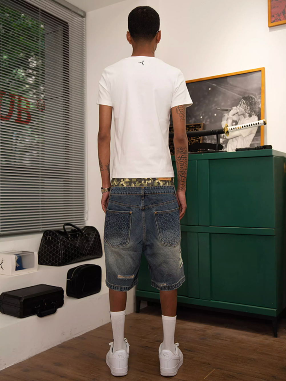 TGFCLUB Camouflage Double Waistband Dollar Patch Denim Shorts | Face 3 Face