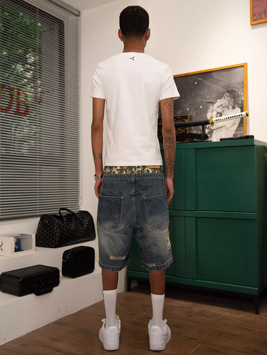 TGFCLUB Camouflage Double Waistband Dollar Patch Denim Shorts | Face 3 Face