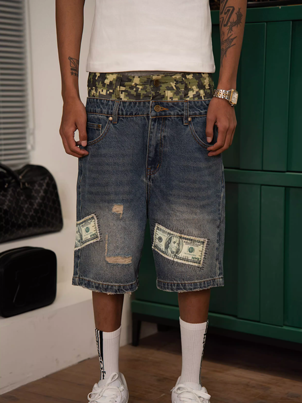 TGFCLUB Camouflage Double Waistband Dollar Patch Denim Shorts | Face 3 Face