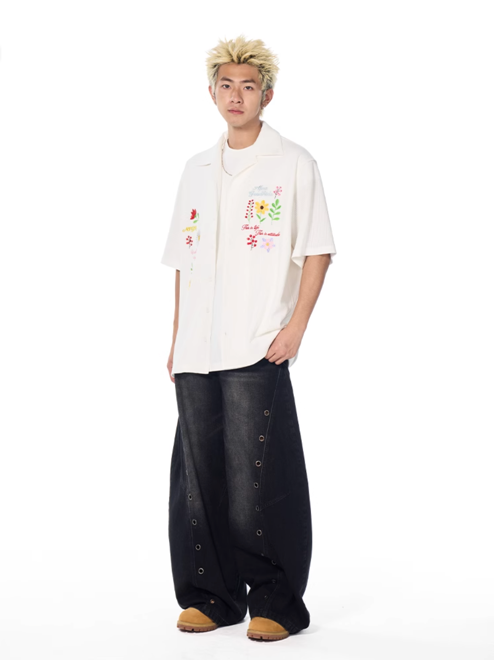 AFGK Floral Embroidered Waffle Short Sleeve Shirt | Face 3 Face