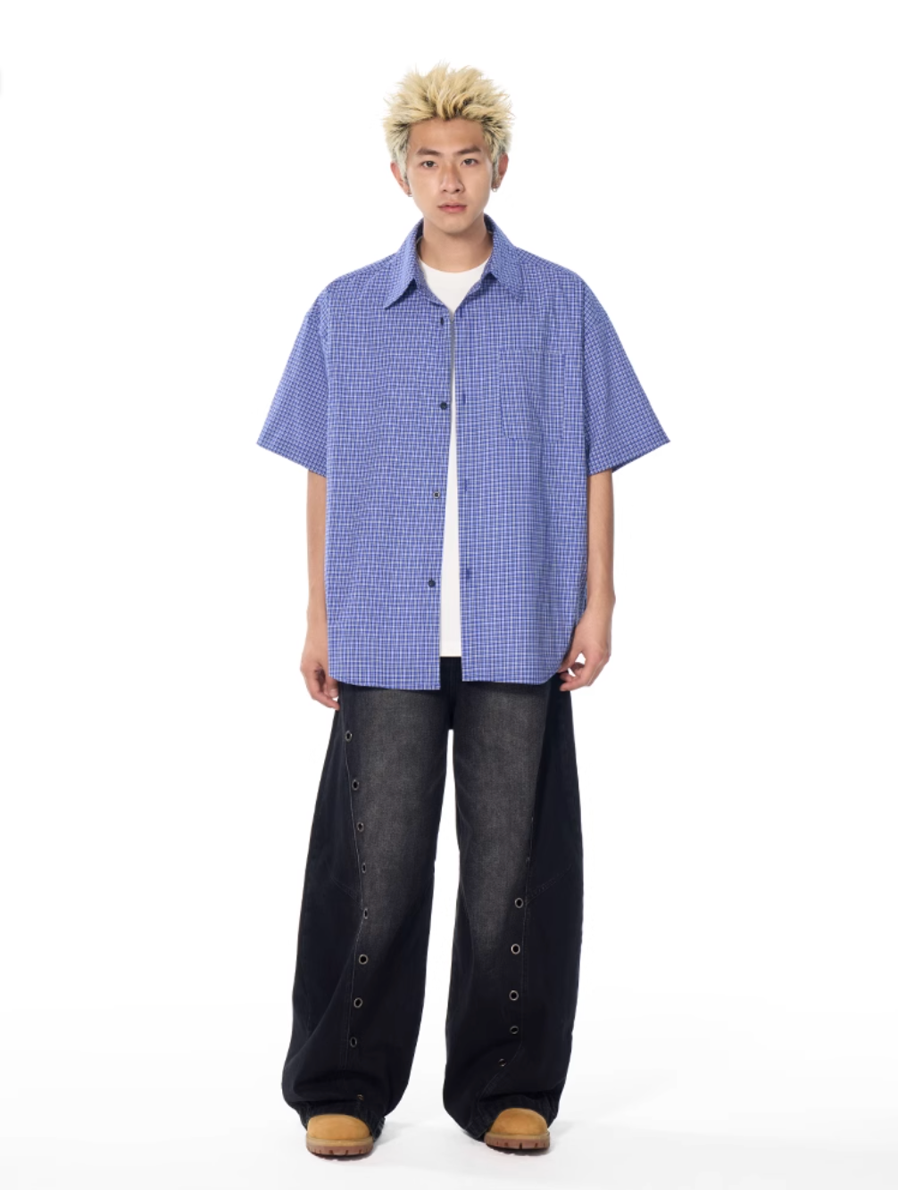 AFGK Plaid Leather Patch Short Sleeve Shirt | Face 3 Face