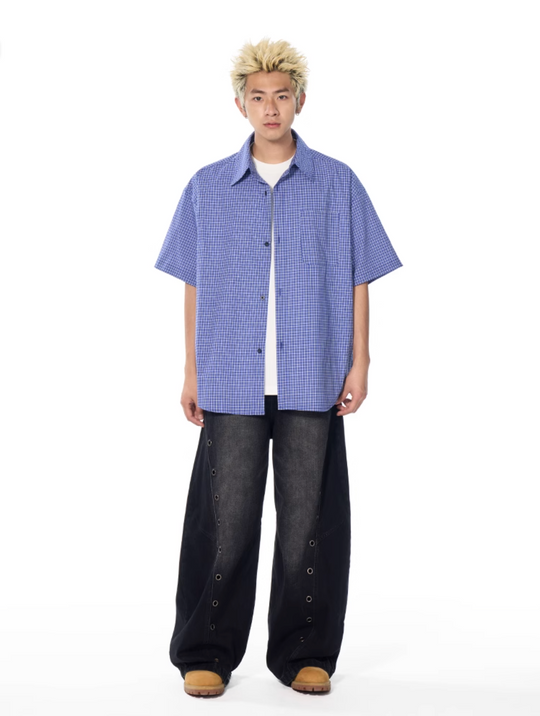 AFGK Plaid Leather Patch Short Sleeve Shirt | Face 3 Face