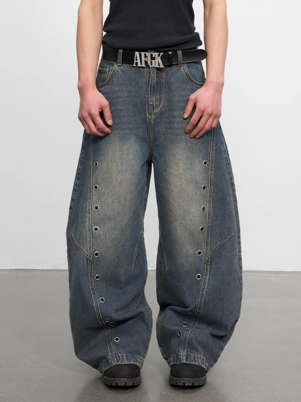 AFGK Metal Grommet Patchwork Washed Baggy Jeans | Face 3 Face