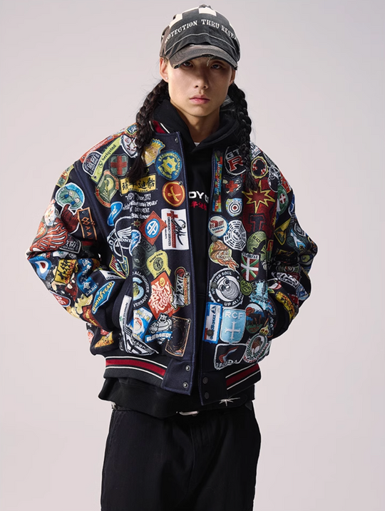 Remedy All Over Badge Print Varsity Jacket | Face 3 Face