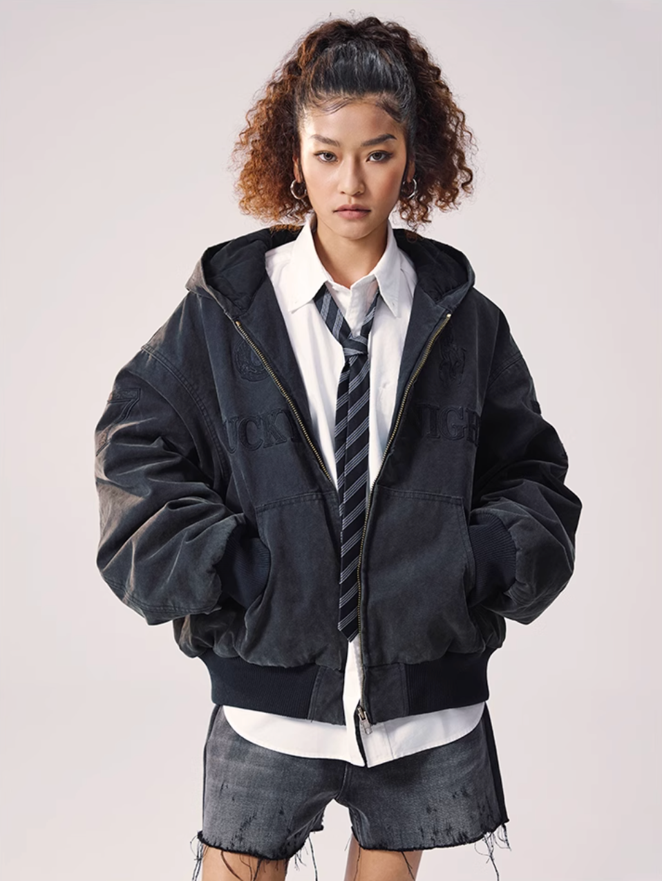 Remedy Embroidered Washed Hooded Bomber Jacket | Face 3 Face