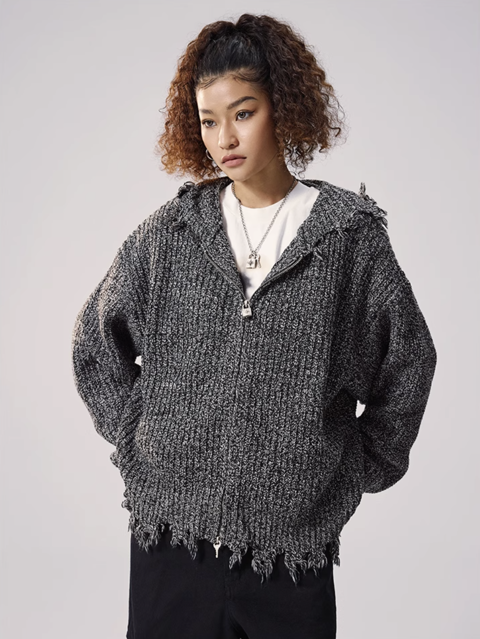 Remedy Distressed Hooded Zipper Knit Cardigan | Face 3 Face