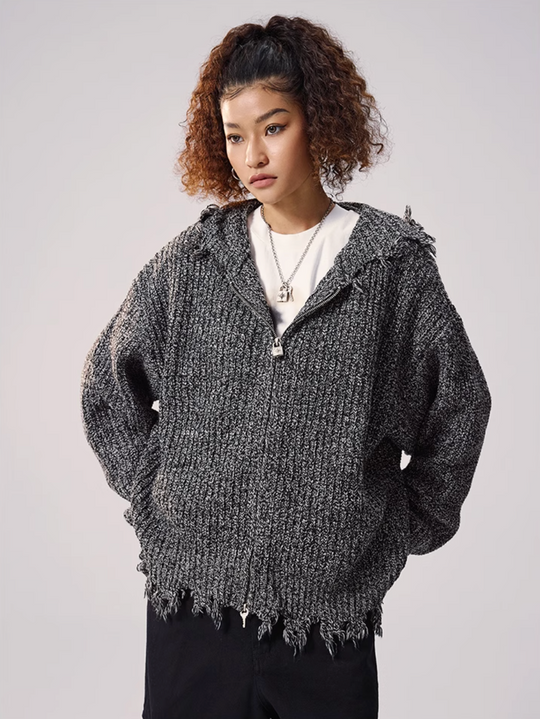 Remedy Distressed Hooded Zipper Knit Cardigan | Face 3 Face