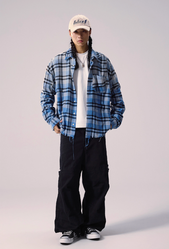 Remedy Washed Gradient Plaid Cutoff Long Sleeve Shirt | Face 3 Face