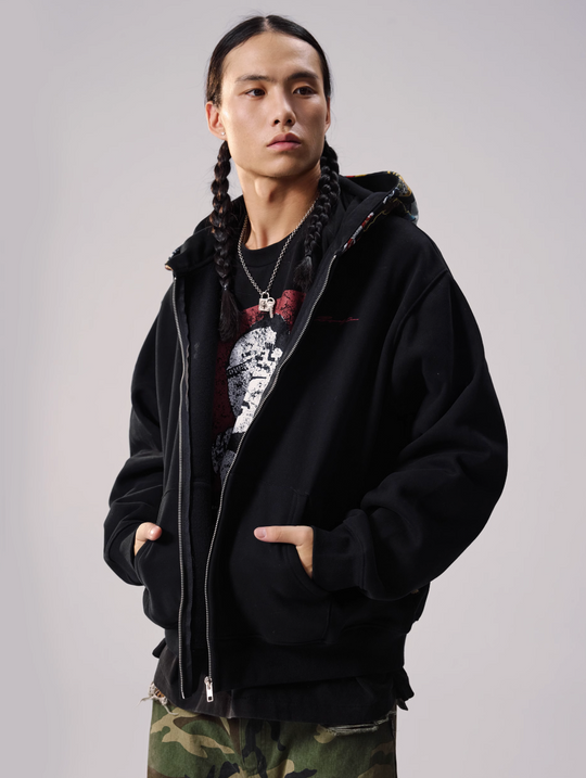 Remedy Badge Print Hood Zip Up Hoodie | Face 3 Face