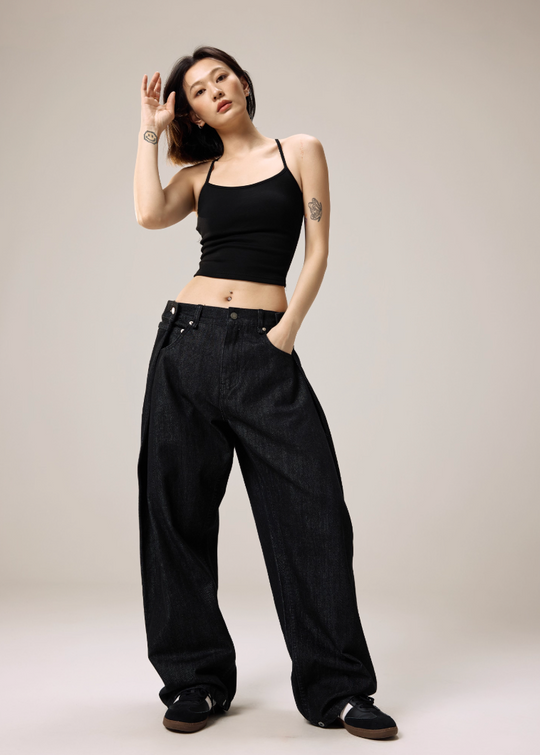 Remedy Waist Button Black Baggy Jeans | Face 3 Face