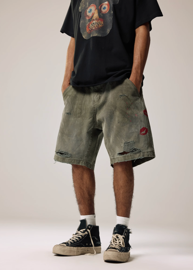 Remedy Kiss Mark Distressed Hole Work Painter Shorts | Face 3 Face