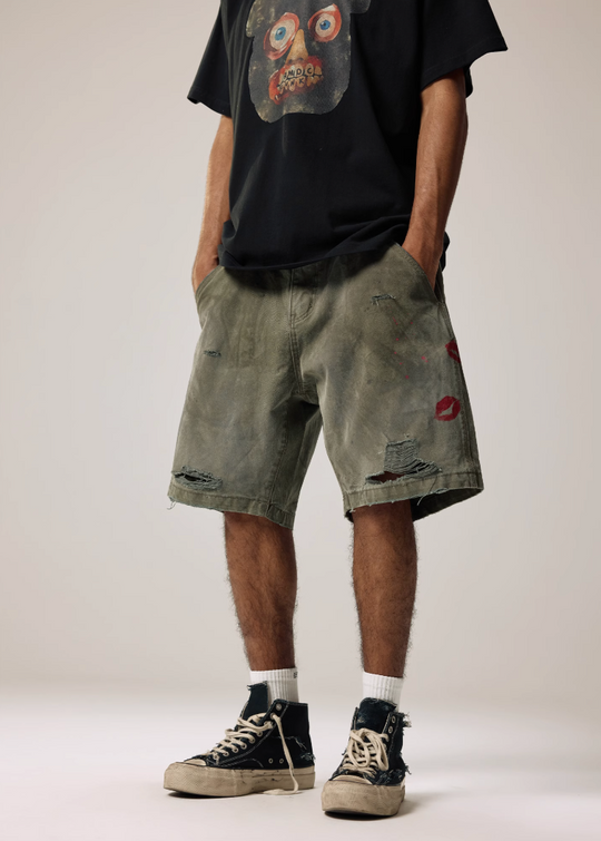 Remedy Kiss Mark Distressed Hole Work Painter Shorts | Face 3 Face