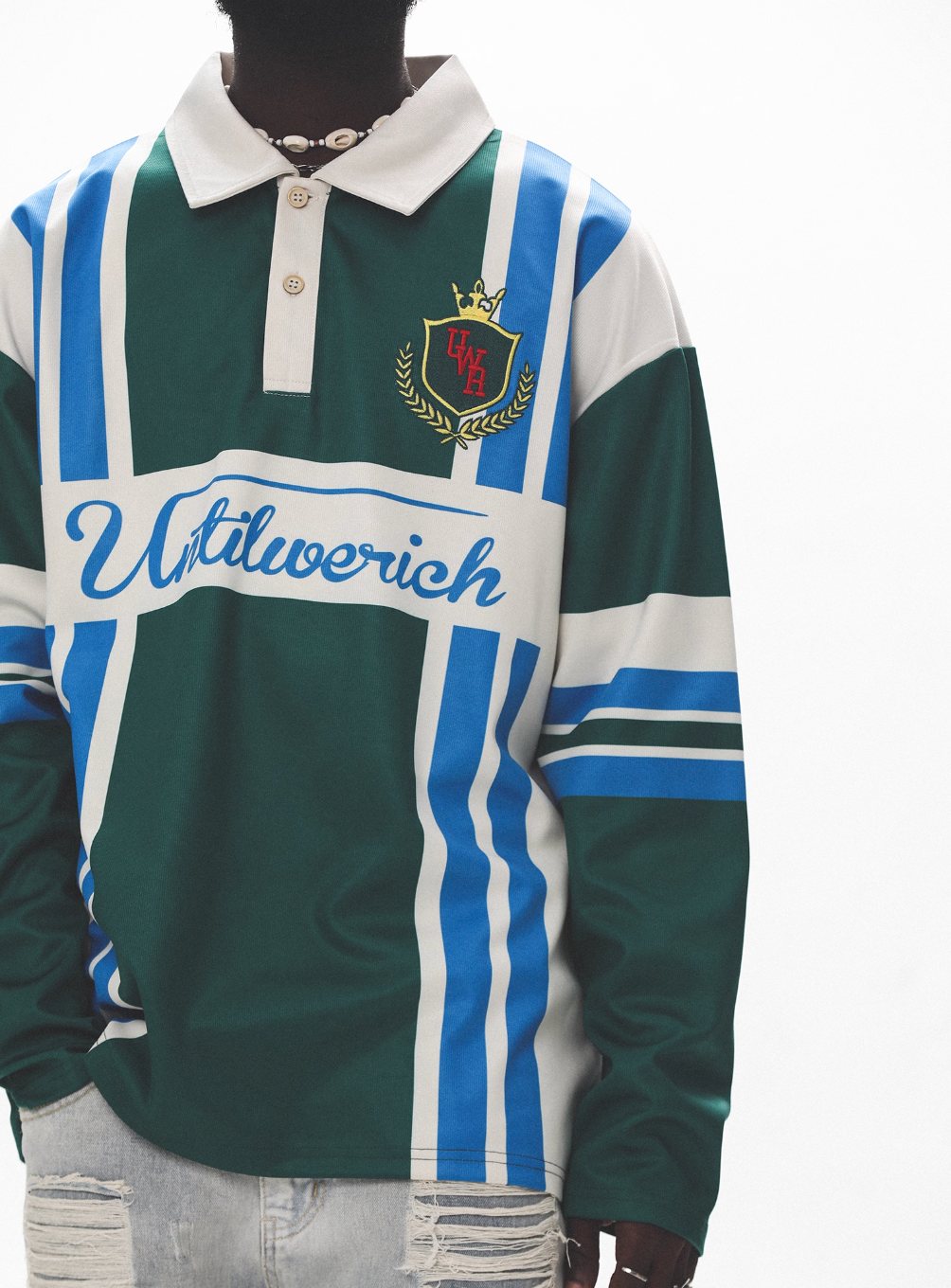 UNTILWERICH Color Blocking Striped Long Sleeve Polo Jersey | Face 3 Face