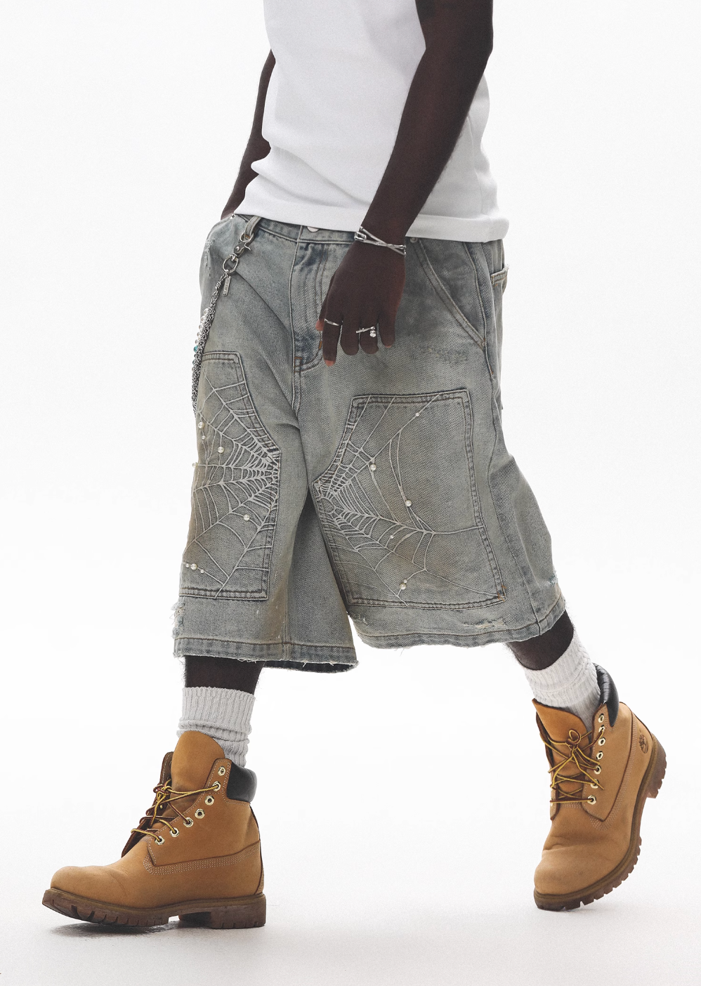 UNTILWERICH Spiderweb Embroidered Washed Distressed Denim Shorts | Face 3 Face