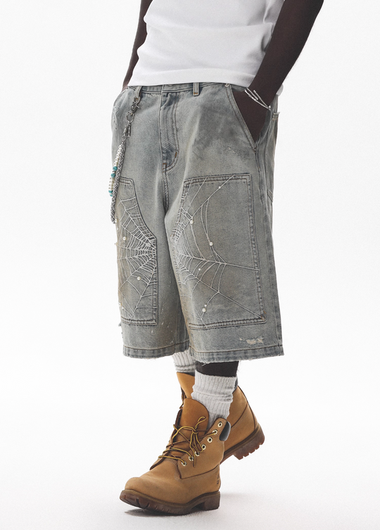 UNTILWERICH Spiderweb Embroidered Washed Distressed Denim Shorts | Face 3 Face
