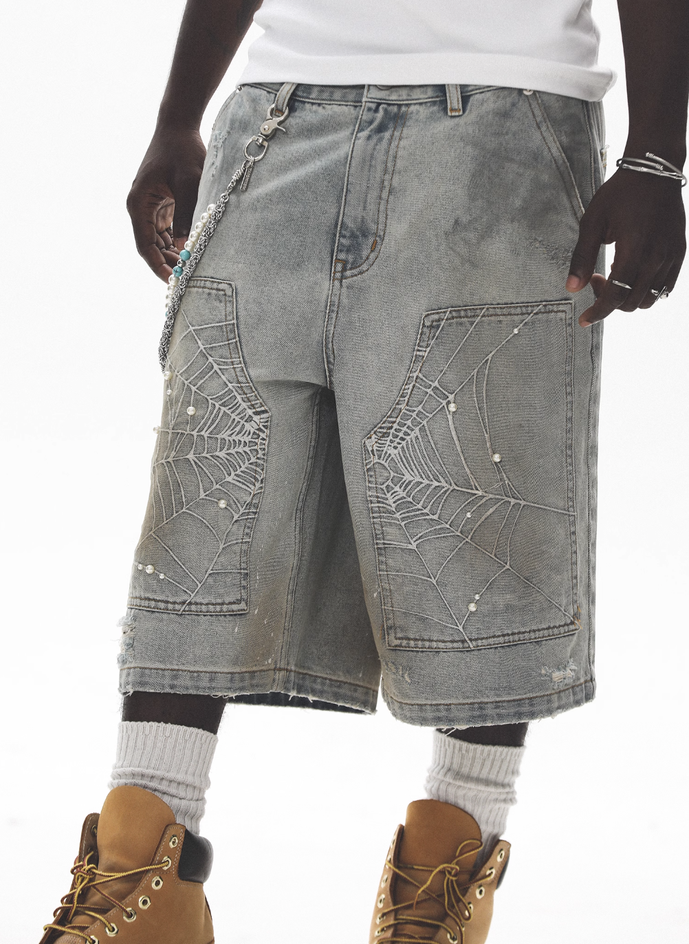 UNTILWERICH Spiderweb Embroidered Washed Distressed Denim Shorts | Face 3 Face