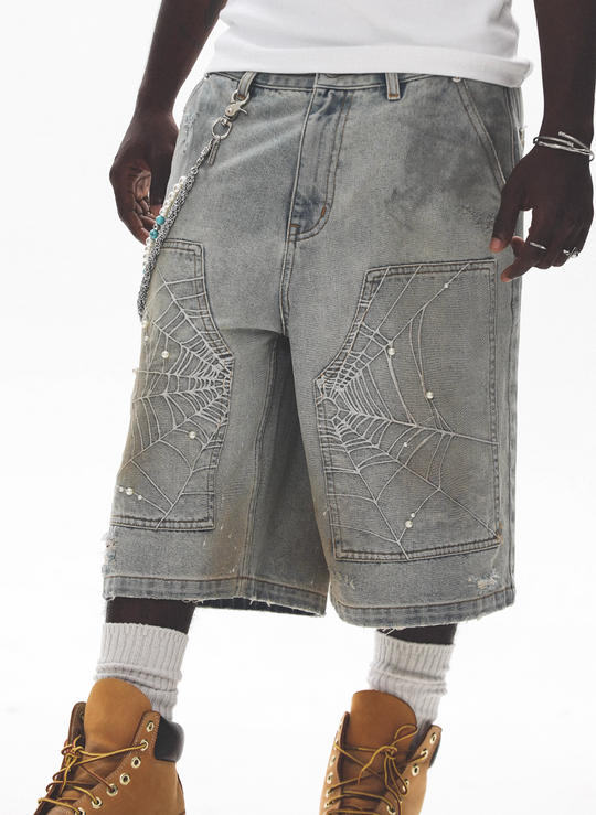 UNTILWERICH Spiderweb Embroidered Washed Distressed Denim Shorts | Face 3 Face