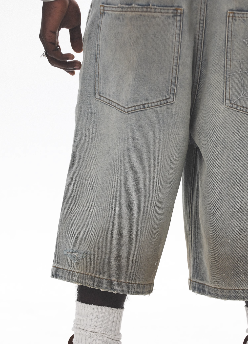 UNTILWERICH Spiderweb Embroidered Washed Distressed Denim Shorts | Face 3 Face