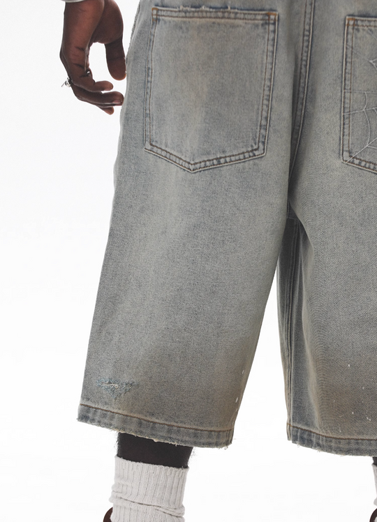 UNTILWERICH Spiderweb Embroidered Washed Distressed Denim Shorts | Face 3 Face