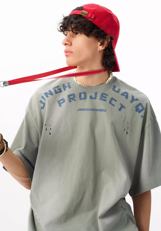 JHYQ Letter Print Distressed Washed Tee | Face 3 Face