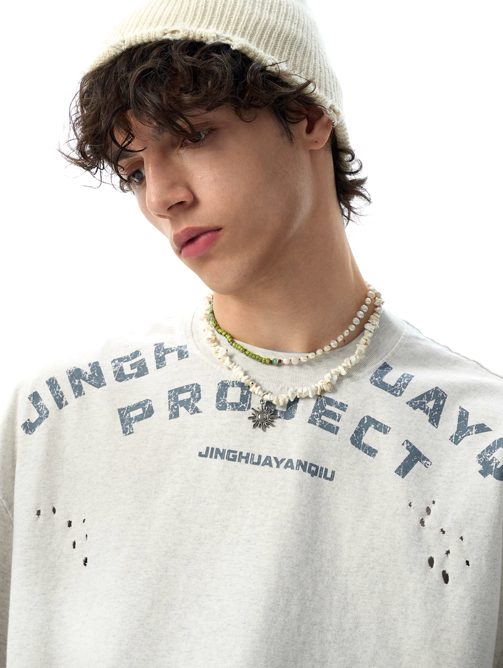 JHYQ Letter Print Distressed Washed Tee | Face 3 Face