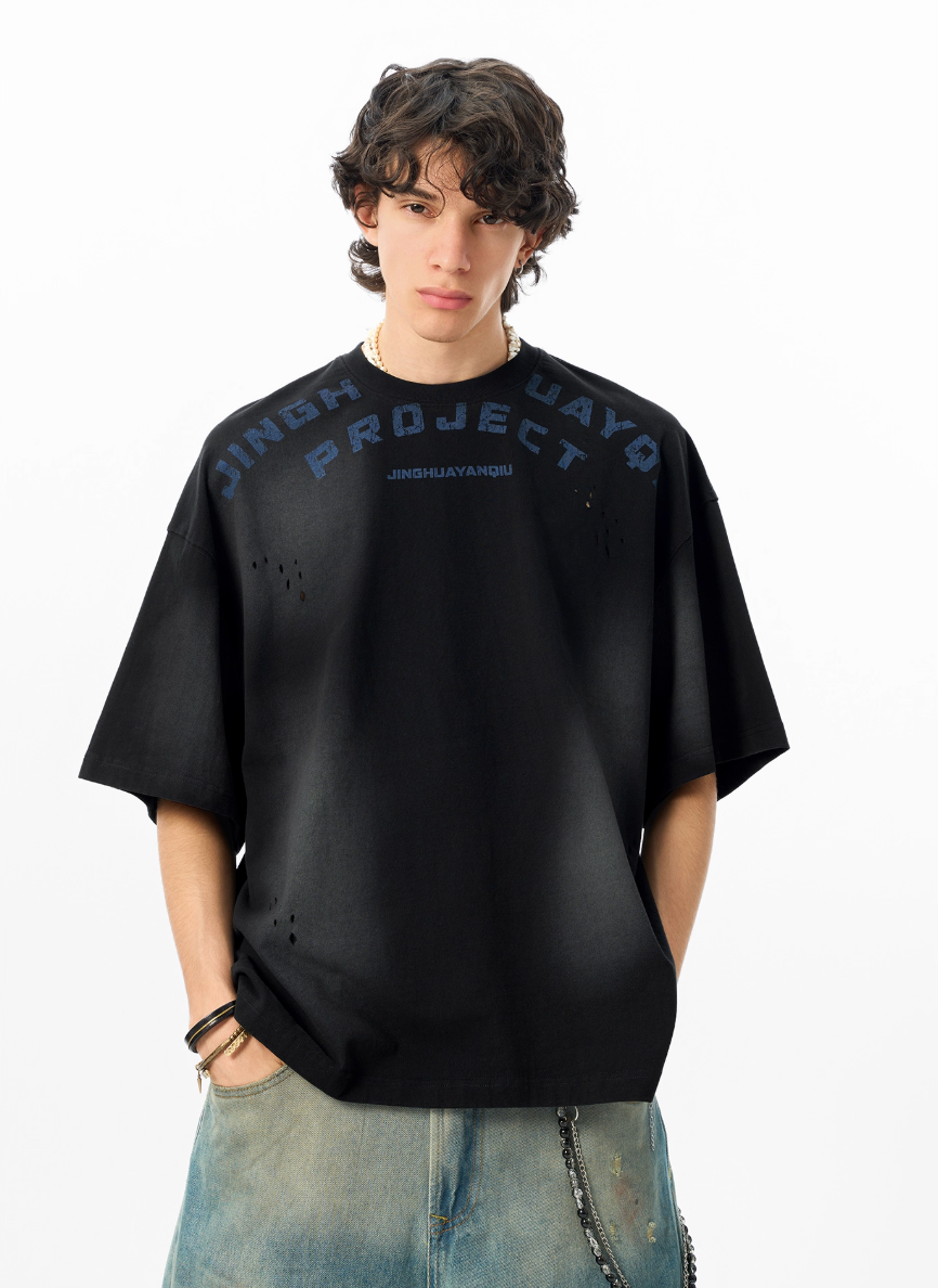 JHYQ Letter Print Distressed Washed Tee | Face 3 Face