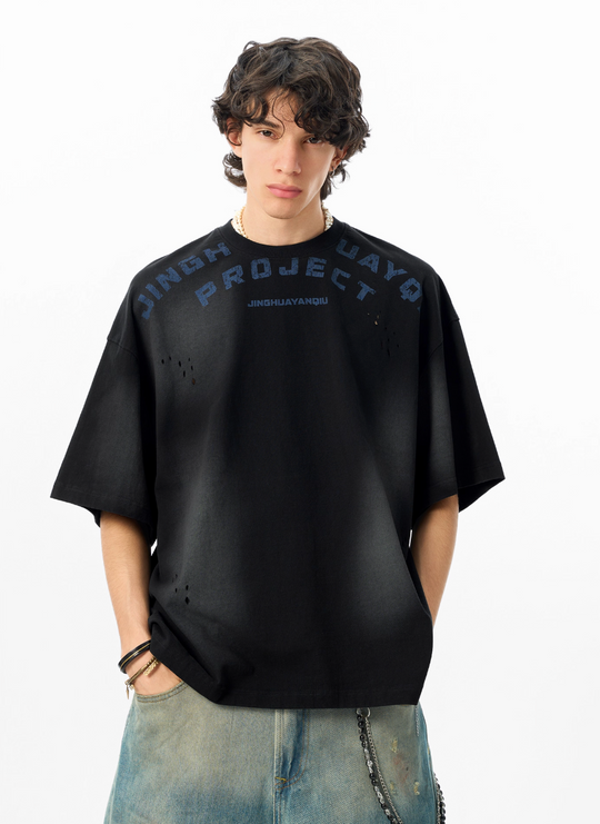 JHYQ Letter Print Distressed Washed Tee | Face 3 Face