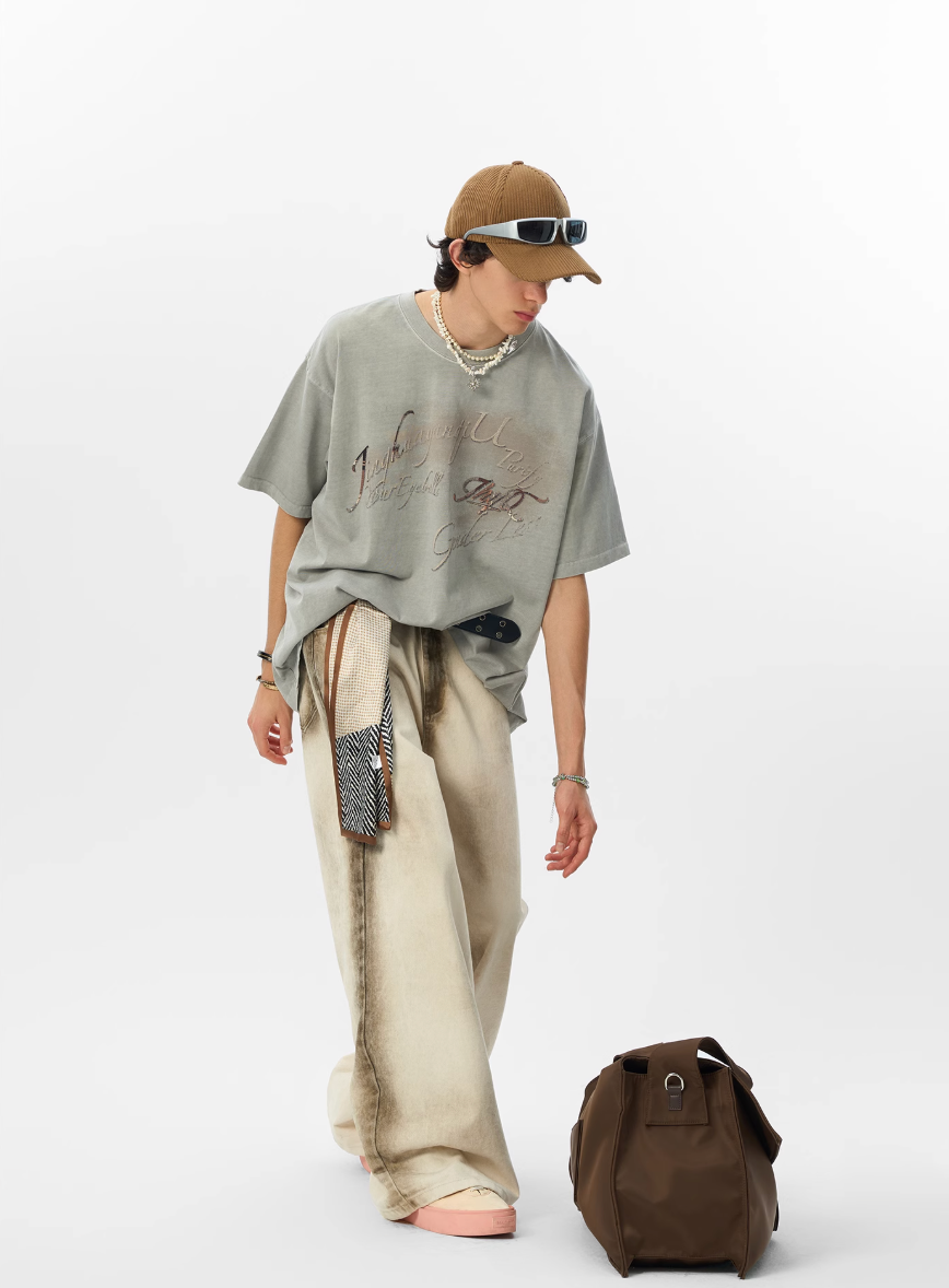 JHYQ 3D Letter Print Washed Tee | Face 3 Face