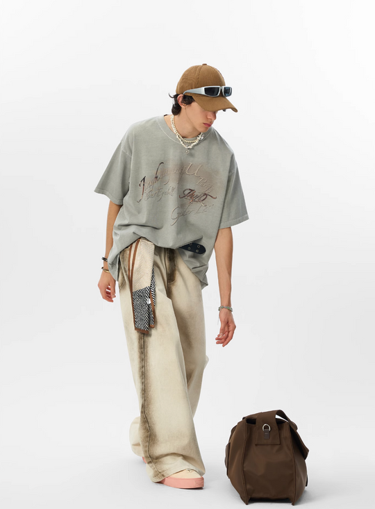 JHYQ 3D Letter Print Washed Tee | Face 3 Face