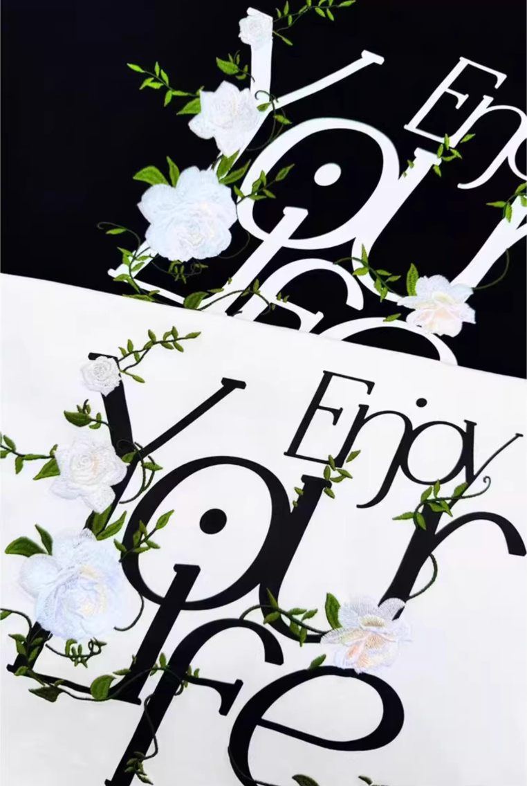 MEDM 3D Flower Embroidered Letter Print Tee | Face 3 Face
