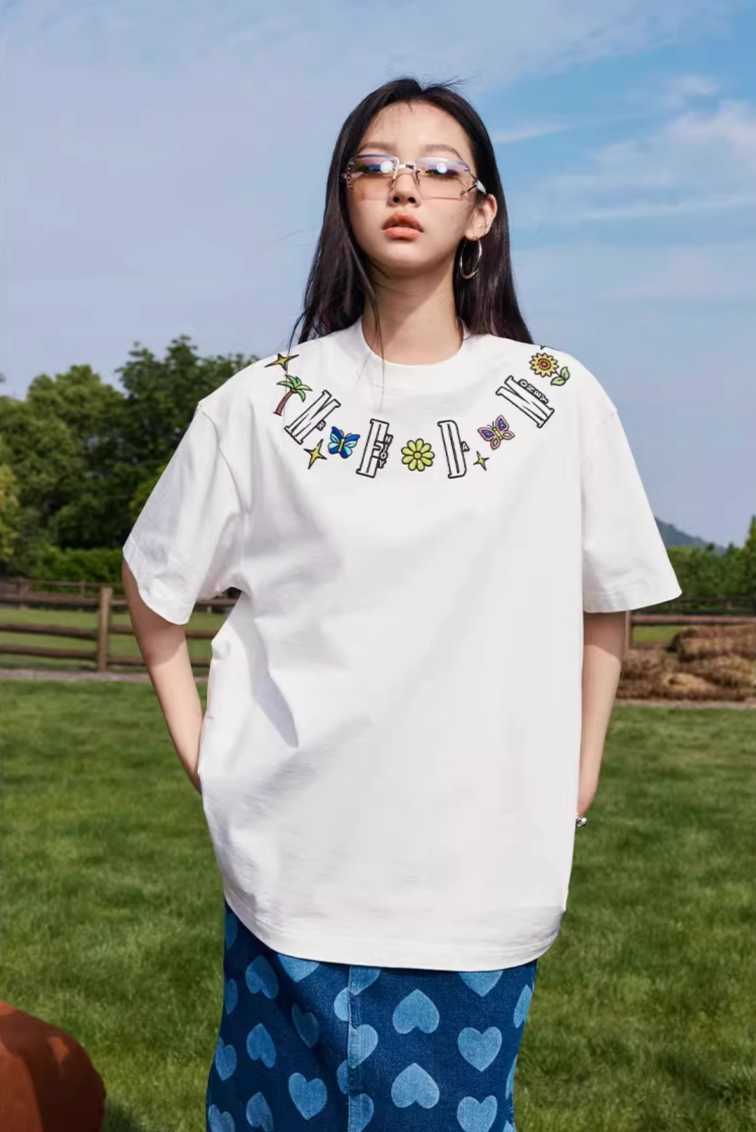 MEDM Butterfly Embroidered Neckline Tee | Face 3 Face
