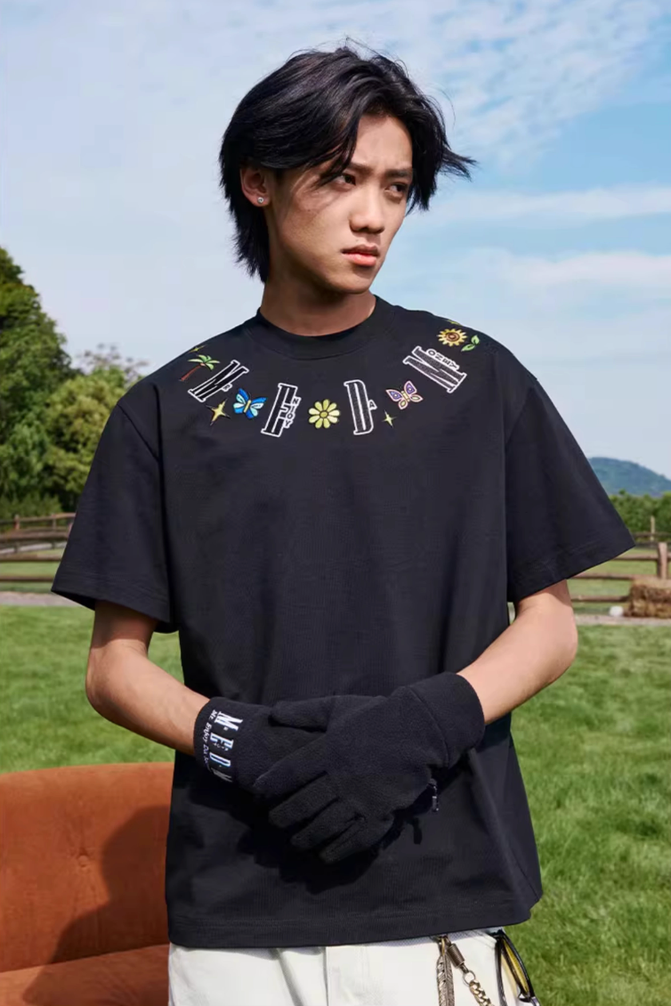 MEDM Butterfly Embroidered Neckline Tee | Face 3 Face