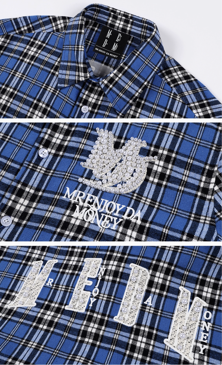 MEDM Blue Pearl Embroidery Plaid Long Sleeve Shirt | Face 3 Face