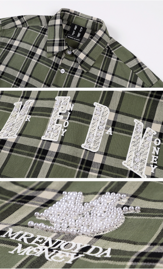 MEDM Green Pearl Embroidery Plaid Long Sleeve Shirt | Face 3 Face