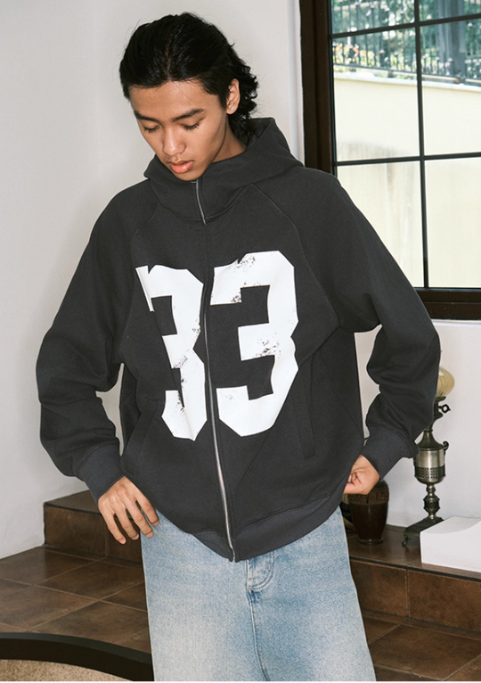 JUST VIBE Number 33 Vintage Print Zip Up Hoodie | Face 3 Face