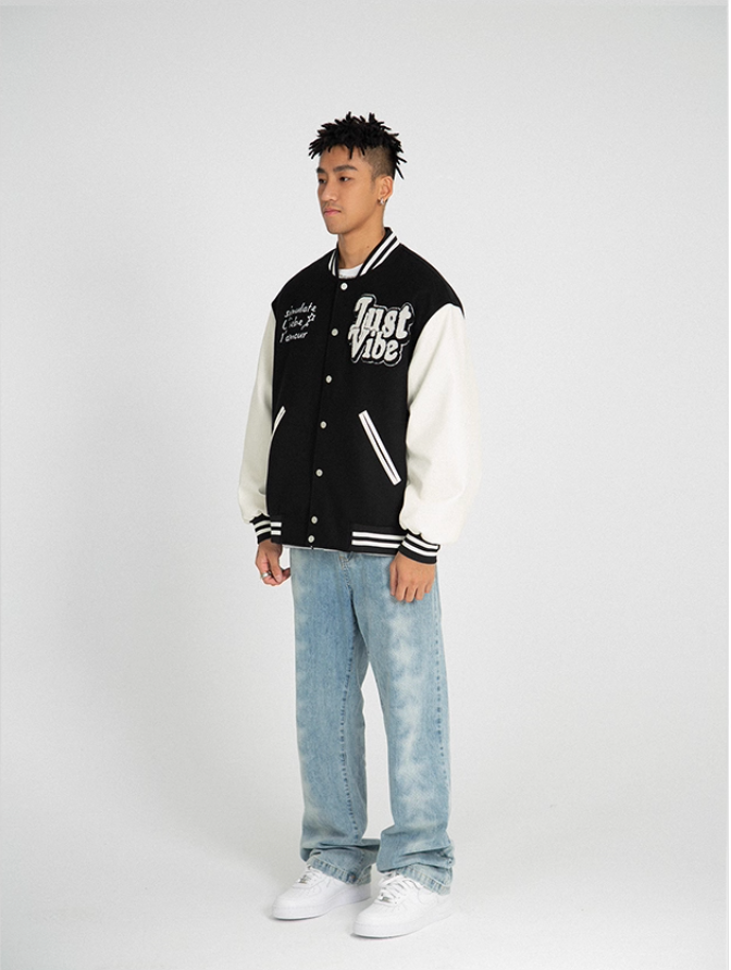 JUST VIBE Terry Embroidered Bone Logo Varsity Jacket | Face 3 Face