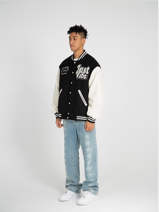 JUST VIBE Terry Embroidered Bone Logo Varsity Jacket | Face 3 Face